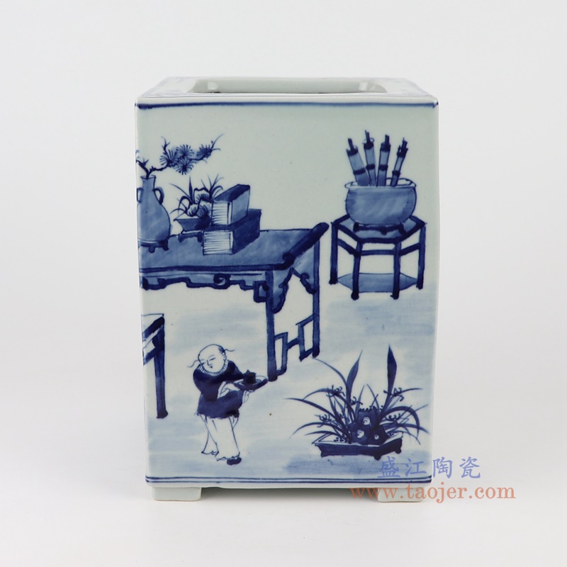 青花仕女孩童人物四方罐,产品编号:RYUK46 产品尺寸(单位cm): 高20直径14口径13底径重量2.1KG