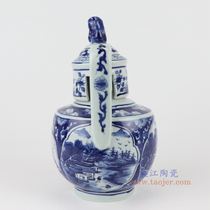 青花开窗山水壶,产品编号:RYUK47 产品尺寸(单位cm): 高23直径16口径11底径7.9重量1.15KG