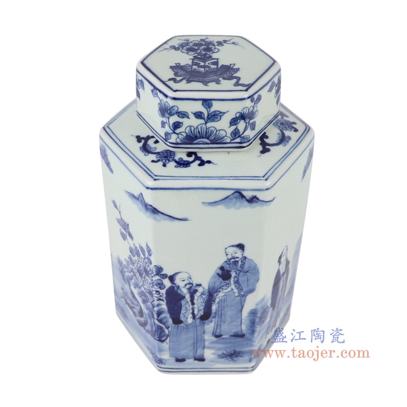 青花竹林七贤人物六方罐,产品编号:RYUK48 产品尺寸(单位cm): 高20.4直径12.8口径11底径重量1.2KG
