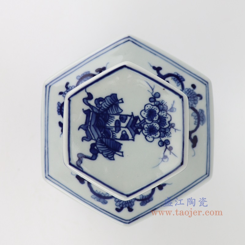 青花竹林七贤人物六方罐,产品编号:RYUK48 产品尺寸(单位cm): 高20.4直径12.8口径11底径重量1.2KG