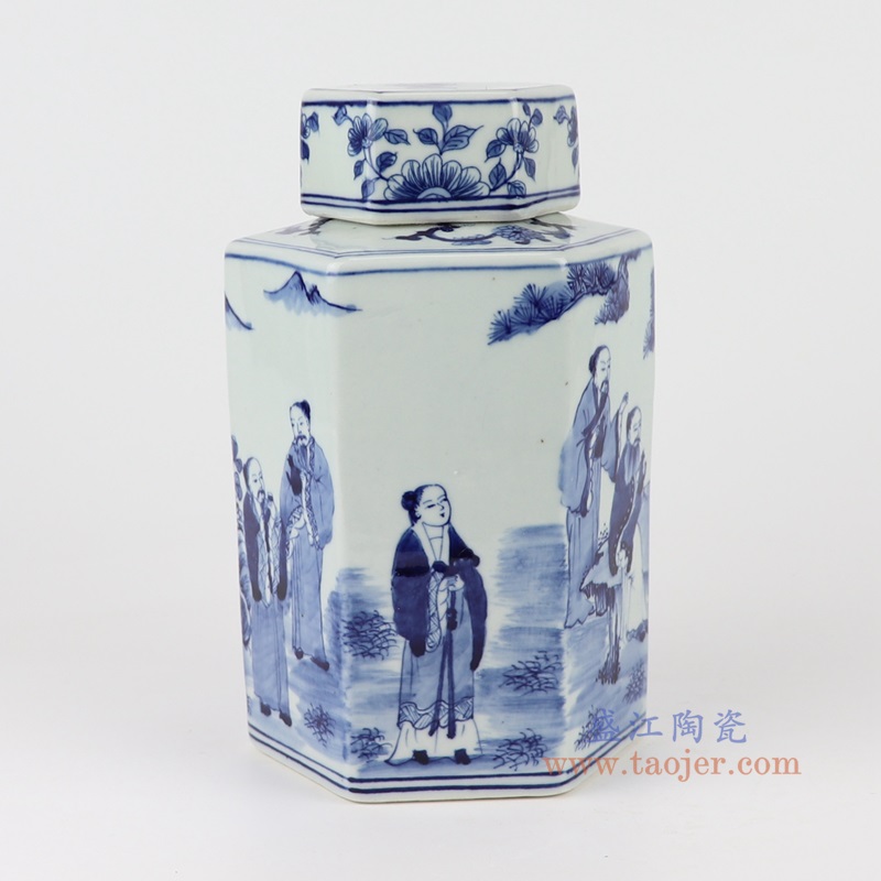 青花竹林七贤人物六方罐,产品编号:RYUK48 产品尺寸(单位cm): 高20.4直径12.8口径11底径重量1.2KG