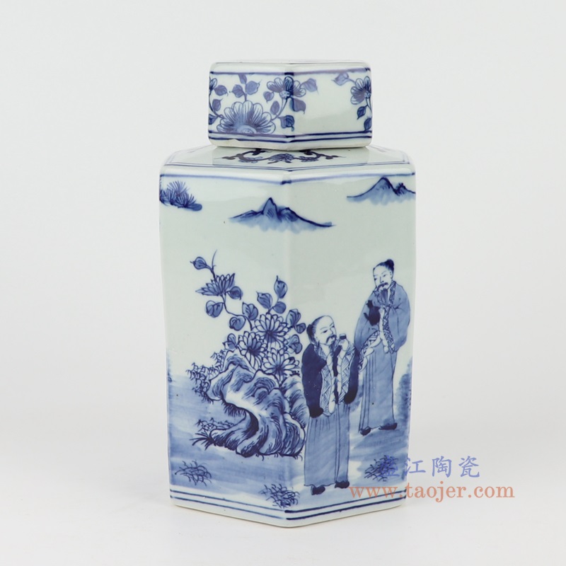 青花竹林七贤人物六方罐,产品编号:RYUK48 产品尺寸(单位cm): 高20.4直径12.8口径11底径重量1.2KG