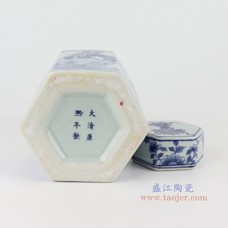 青花竹林七贤人物六方罐,产品编号:RYUK48 产品尺寸(单位cm): 高20.4直径12.8口径11底径重量1.2KG