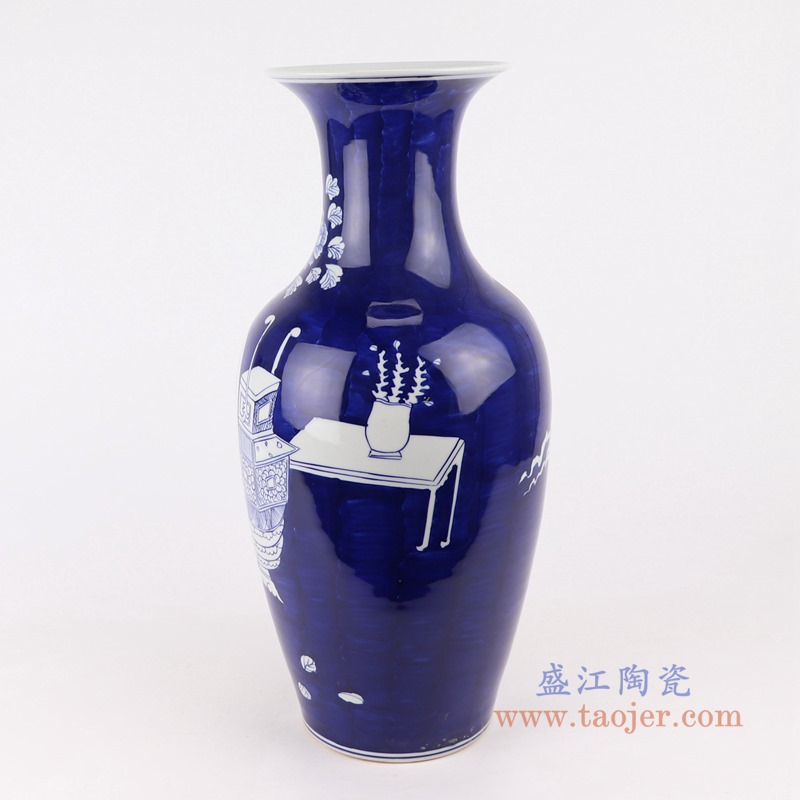 青花冰梅博古纹鱼尾瓶；产品编号：RYWG26       产品尺寸(单位cm):  高：43.5直径：19.5口径：14.5底径：12.2重量：3KG