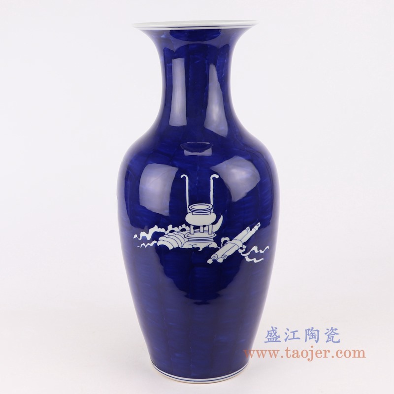 青花冰梅博古纹鱼尾瓶;产品编号:RYWG26 产品尺寸(单位cm): 高:43.5直径:19.5口径:14.5底径:12.2重量:3KG