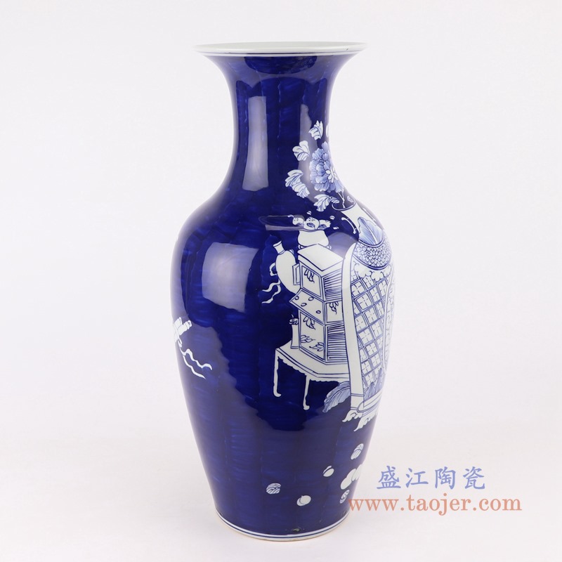 青花冰梅博古纹鱼尾瓶;产品编号:RYWG26 产品尺寸(单位cm): 高:43.5直径:19.5口径:14.5底径:12.2重量:3KG
