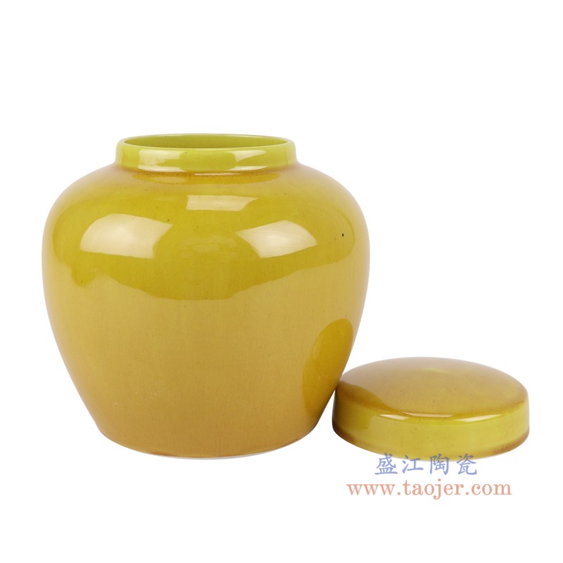 单色釉黄色茶叶罐盖罐，产品编号：RYWN10       产品尺寸(单位cm):  高12直径12口径8.5底径8.3重量0.4KG