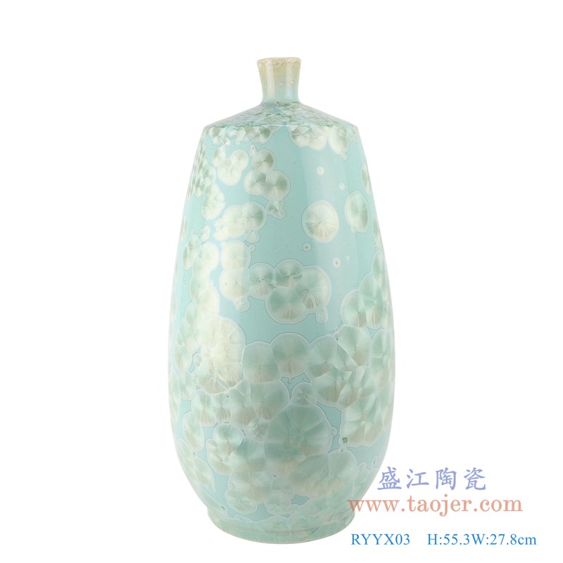 结晶釉绿底白花直筒瓶;产品编号:RYYX03 产品尺寸(单位cm): 高:55.3直径:27.8口径:5.1底径:18重量:8.2KG