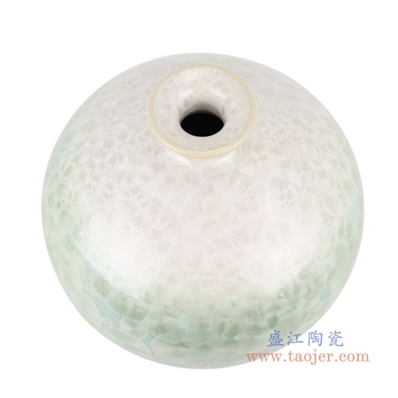 结晶釉白绿蓝三色石榴瓶；产品编号：RYYX04       产品尺寸(单位cm):  高：23.5直径：21.5口径：6.2底径：11重量：2.8KG