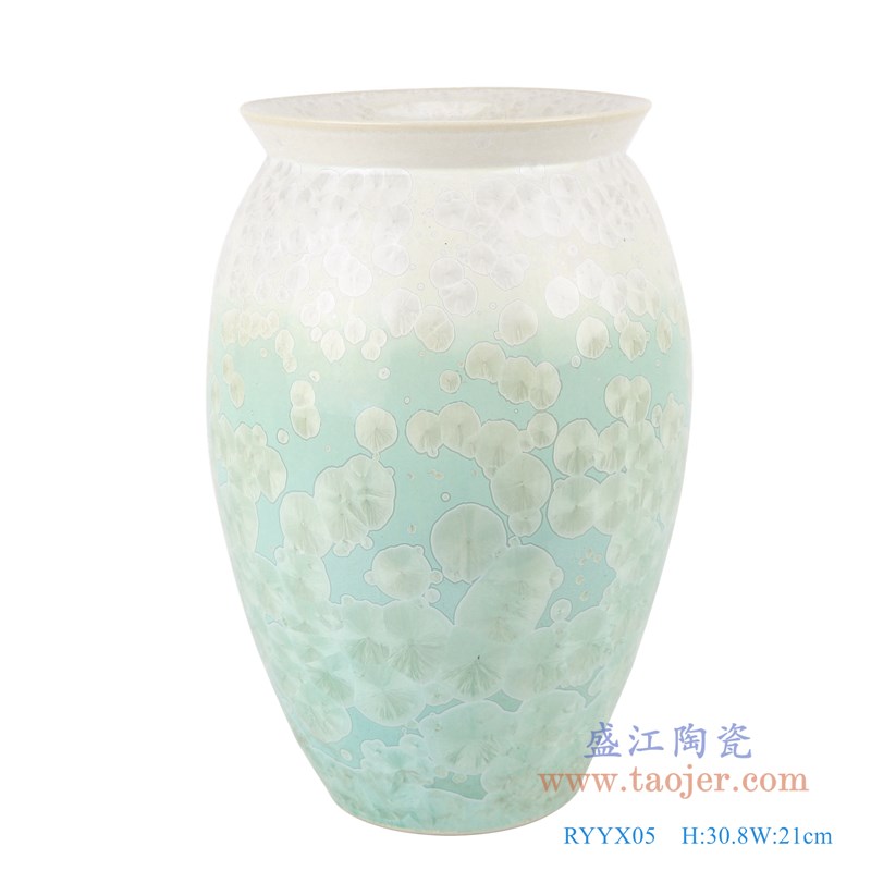 结晶釉白绿两色底敞口直筒瓶;产品编号:RYYX05 产品尺寸(单位cm): 高:30.8直径:21口径:17底径:11重量:3KG