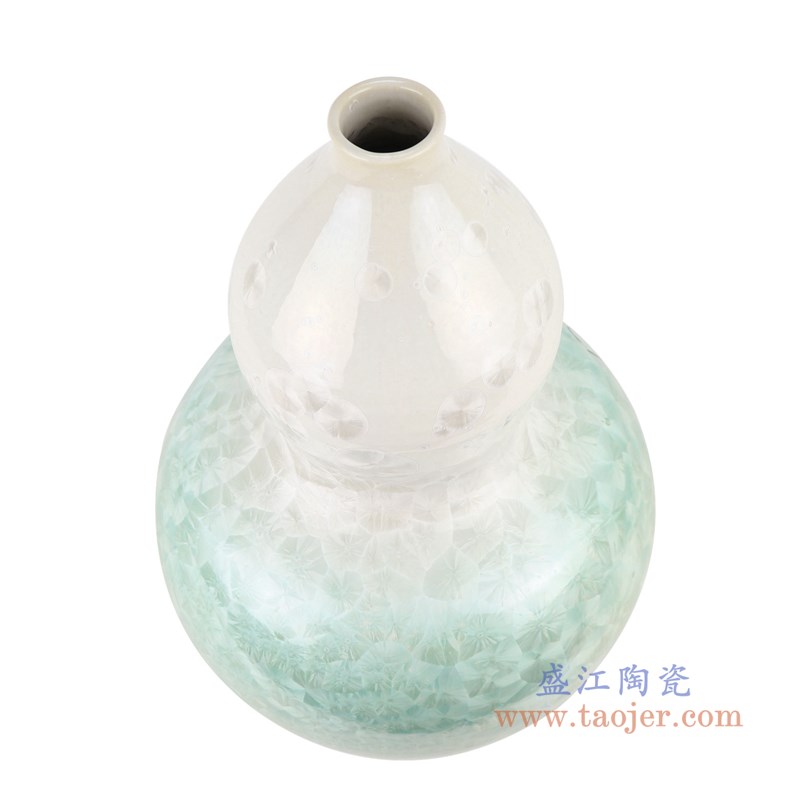 结晶釉白绿两色底葫芦瓶;产品编号:RYYX06 产品尺寸(单位cm): 高:42.2直径:25.7口径:4.2底径:16重量:5.4KG