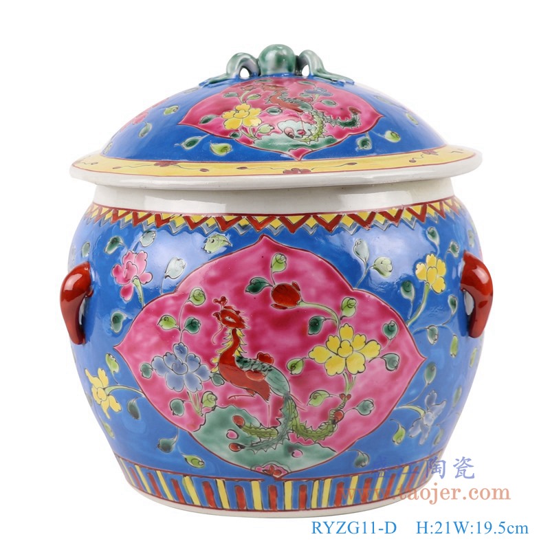 粉彩蓝底开窗凤凰纹饭鼓饭盒食盒储物罐;产品编号:RYZG11-D 产品尺寸(单位cm): 高:21直径:19.5口径:16底径:14.2重量:1.6KG