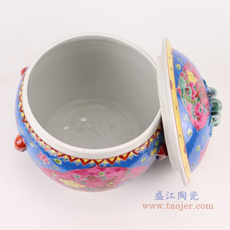 粉彩蓝底开窗凤凰纹饭鼓饭盒食盒储物罐;产品编号:RYZG11-D 产品尺寸(单位cm): 高:21直径:19.5口径:16底径:14.2重量:1.6KG