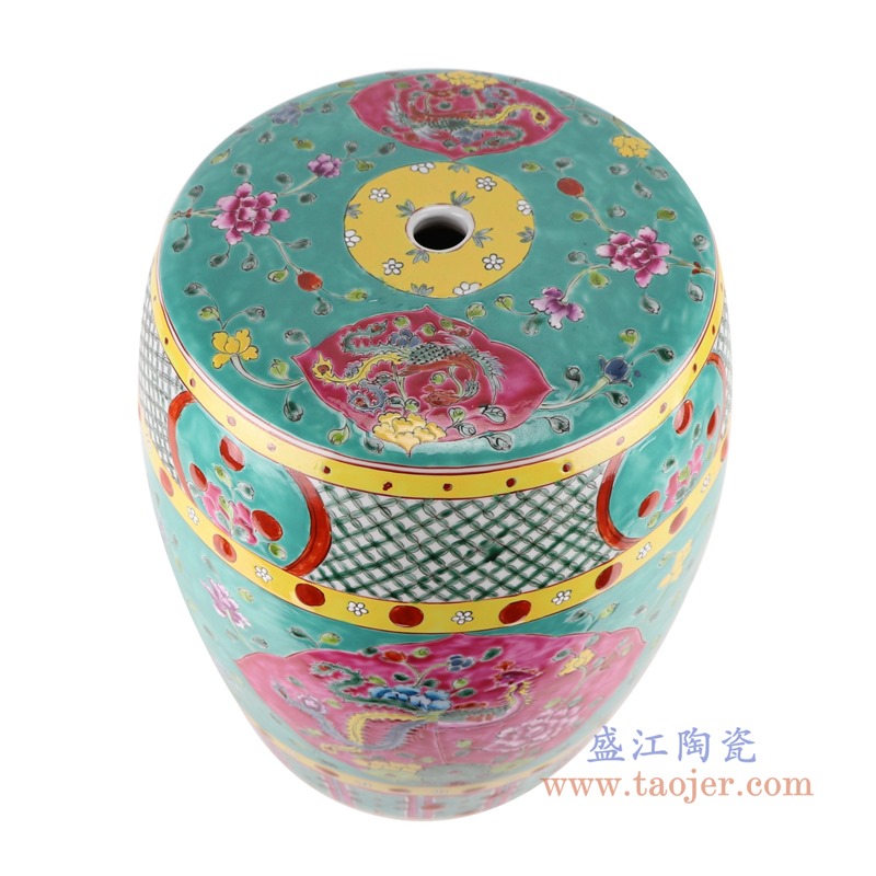 粉彩绿底开窗凤凰纹凳子凉墩;产品编号:RYZG33-A 产品尺寸(单位cm): 高:42.3直径:33口径:26.5底径:26重量:8.7KG