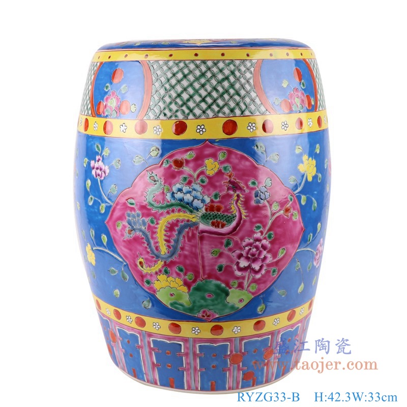 粉彩深蓝底开窗凤凰纹凳子凉墩;产品编号:RYZG33-B 产品尺寸(单位cm): 高:42.3直径:33口径:26.5底径:26重量:8.7KG