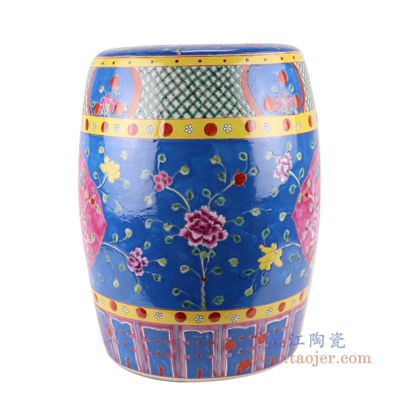 粉彩深蓝底开窗凤凰纹凳子凉墩;产品编号:RYZG33-B 产品尺寸(单位cm): 高:42.3直径:33口径:26.5底径:26重量:8.7KG