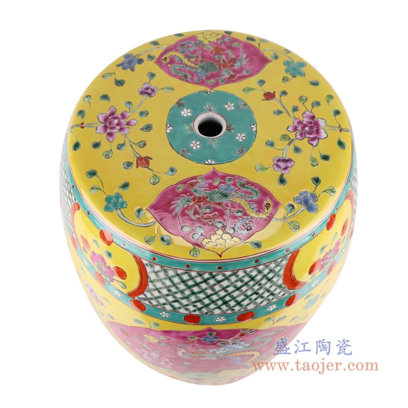 粉彩黄底开窗凤凰纹凳子凉墩;产品编号:RYZG33-C 产品尺寸(单位cm): 高:42.3直径:33口径:26.5底径:26重量:8.7KG