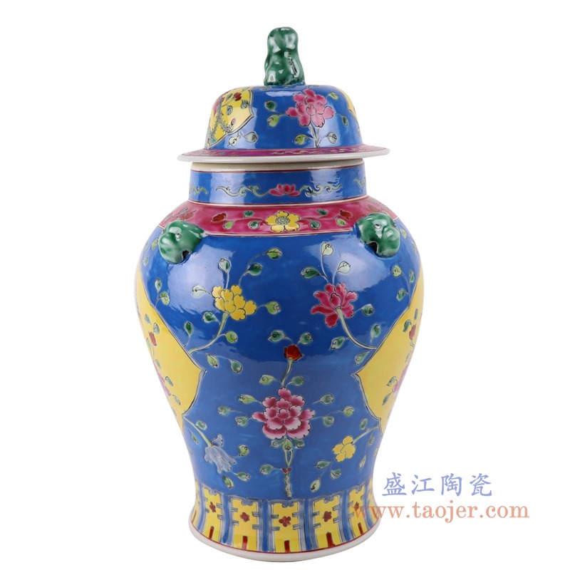 粉彩深蓝底开窗凤凰纹将军罐;产品编号:RYZG34-A 产品尺寸(单位cm): 高:40直径:23口径:12.5底径:22.5重量:3.5KG