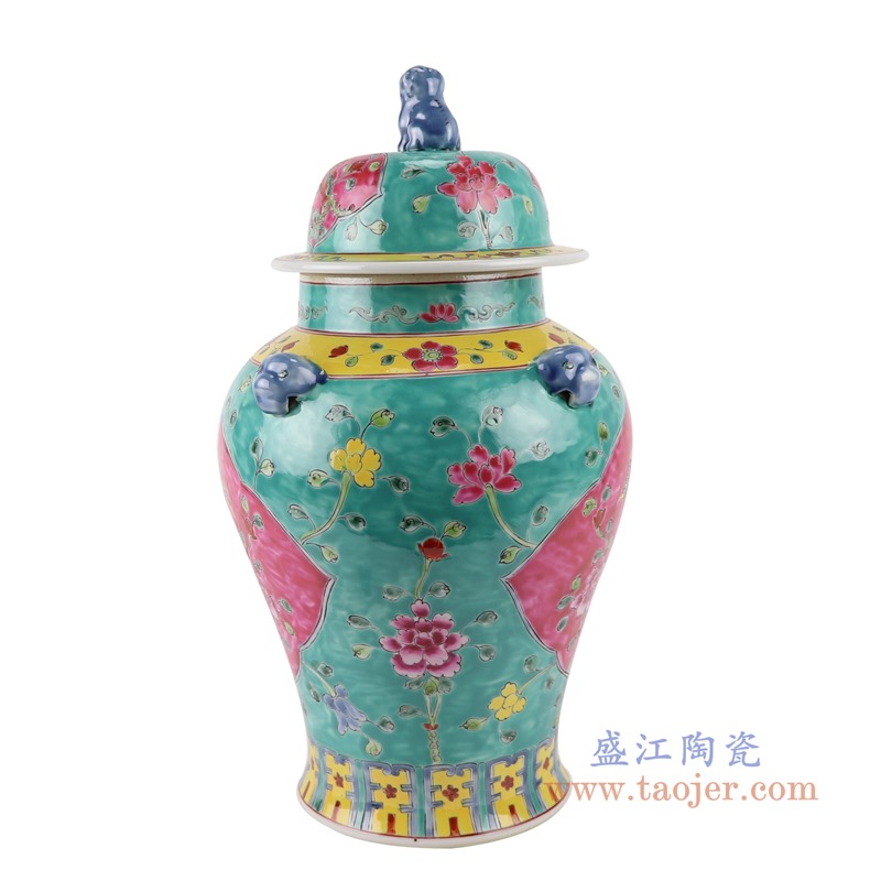 粉彩绿底开窗凤凰纹将军罐;产品编号:RYZG34-B 产品尺寸(单位cm): 高:40直径:23口径:12.5底径:22.5重量:3.5KG