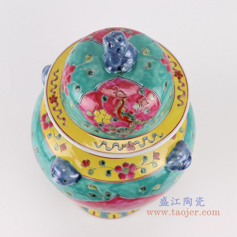粉彩绿底开窗凤凰纹将军罐;产品编号:RYZG34-B 产品尺寸(单位cm): 高:40直径:23口径:12.5底径:22.5重量:3.5KG