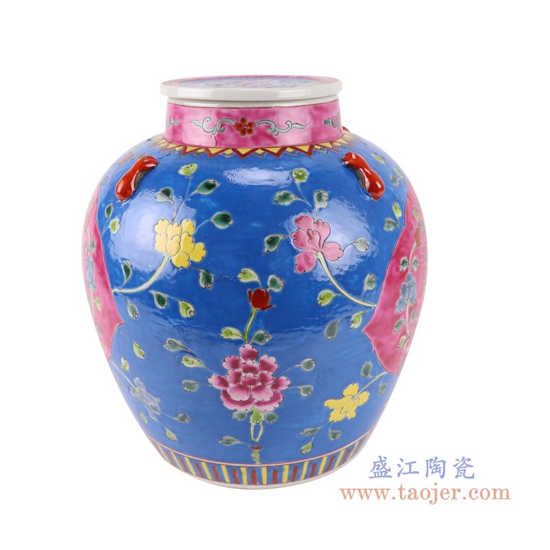 粉彩开窗开光凤凰纹带壶嘴蓝底盖罐储物罐;产品编号:RYZG35-C 产品尺寸(单位cm): 高:25.5直径:25.3口径:10.8底径:16重量:3.1KG