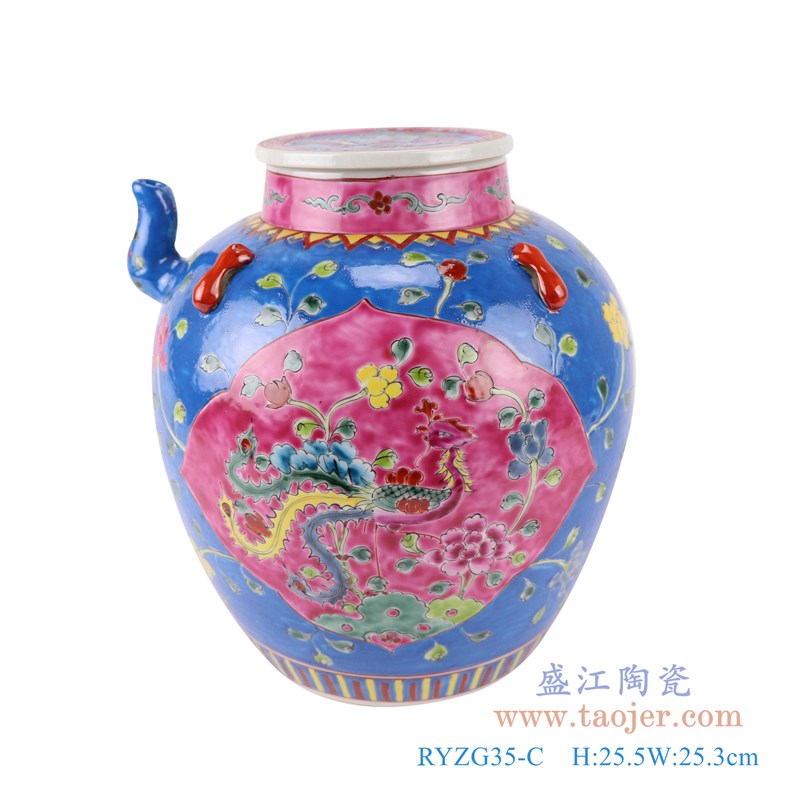 粉彩开窗开光凤凰纹带壶嘴蓝底盖罐储物罐;产品编号:RYZG35-C 产品尺寸(单位cm): 高:25.5直径:25.3口径:10.8底径:16重量:3.1KG