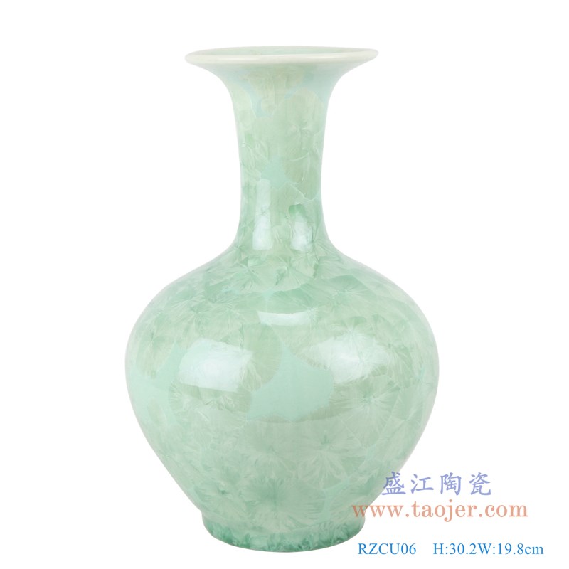 结晶釉绿底绿底绿色赏瓶;产品编号:RZCU06 产品尺寸(单位cm): 高:30.2直径:19.8口径:11.4底径:10重量:1.65KG