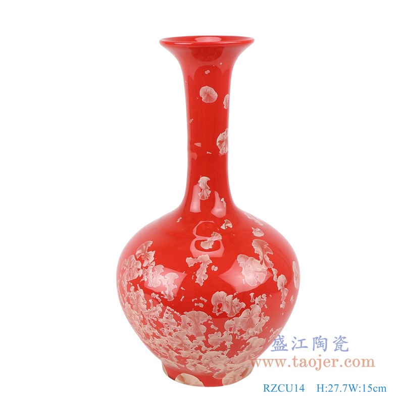 结晶釉红底红色长颈赏瓶；产品编号：RZCU14       产品尺寸(单位cm):  高：27.7直径：15口径：7.2底径：7.5重量：0.9KG