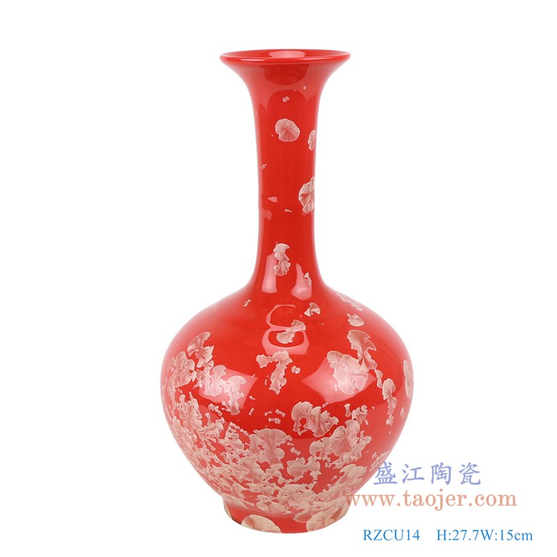 结晶釉红底红色长颈赏瓶;产品编号:RZCU14 产品尺寸(单位cm): 高:27.7直径:15口径:7.2底径:7.5重量:0.9KG