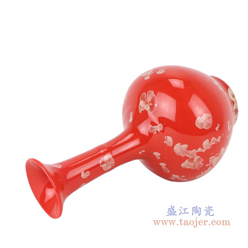 结晶釉红底红色长颈赏瓶;产品编号:RZCU14 产品尺寸(单位cm): 高:27.7直径:15口径:7.2底径:7.5重量:0.9KG