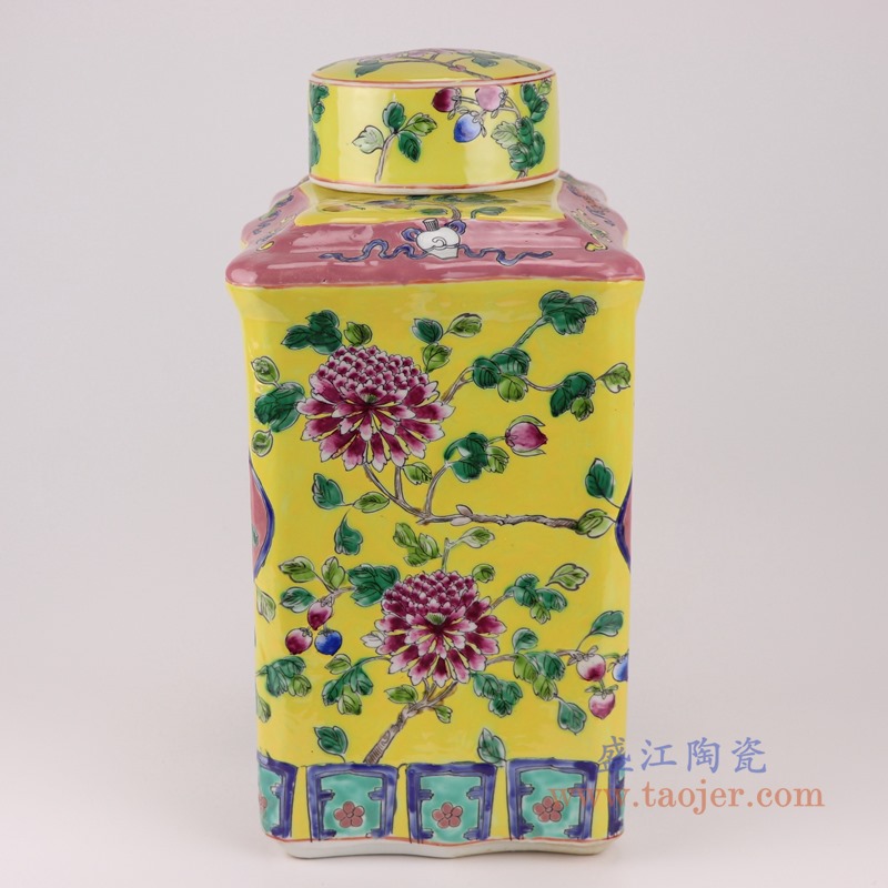 粉彩黄底开窗凤凰纹四方扁罐圆盖储物罐;产品编号:RZFA15-B 产品尺寸(单位cm): 高:37直径:24口径:9.3底径:24重量:6.85KG