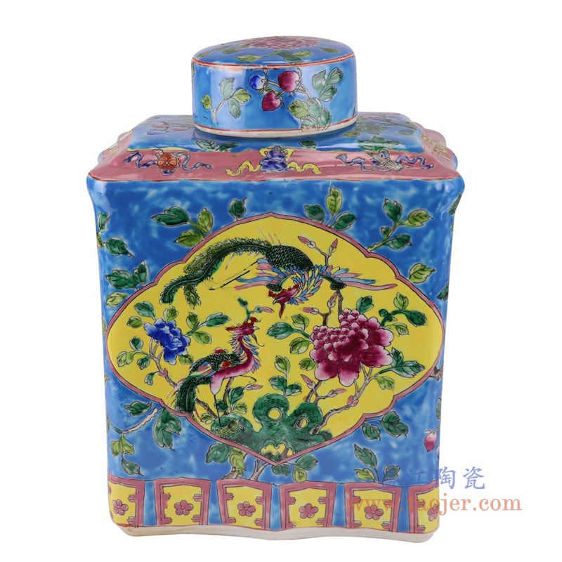 粉彩蓝底开窗凤凰纹四方扁罐圆盖储物罐;产品编号:RZFA15-C 产品尺寸(单位cm): 高:37直径:24口径:9.3底径:24重量:6.85KG