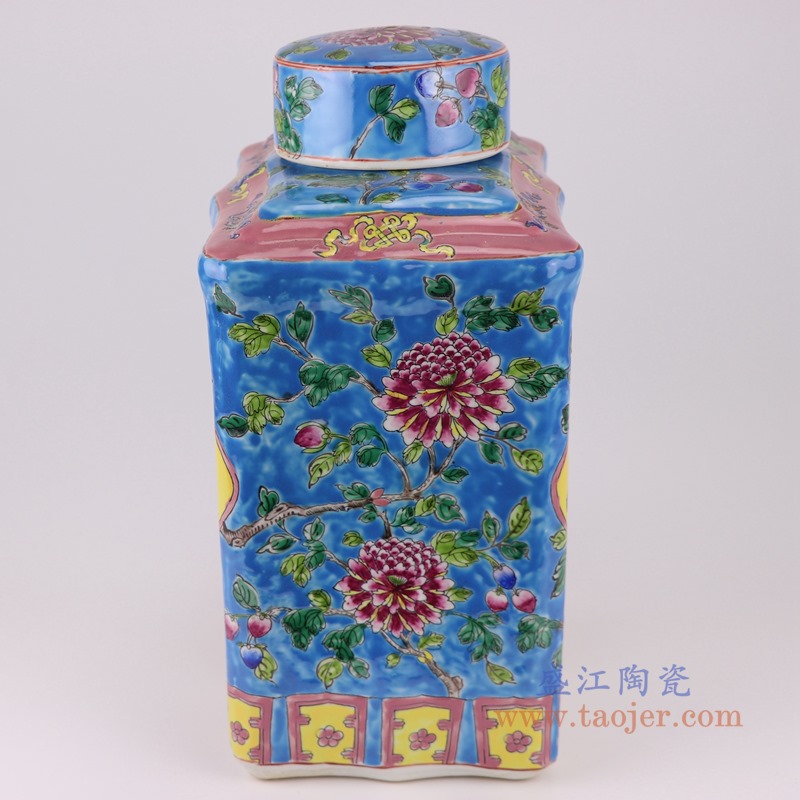 粉彩蓝底开窗凤凰纹四方扁罐圆盖储物罐;产品编号:RZFA15-C 产品尺寸(单位cm): 高:37直径:24口径:9.3底径:24重量:6.85KG