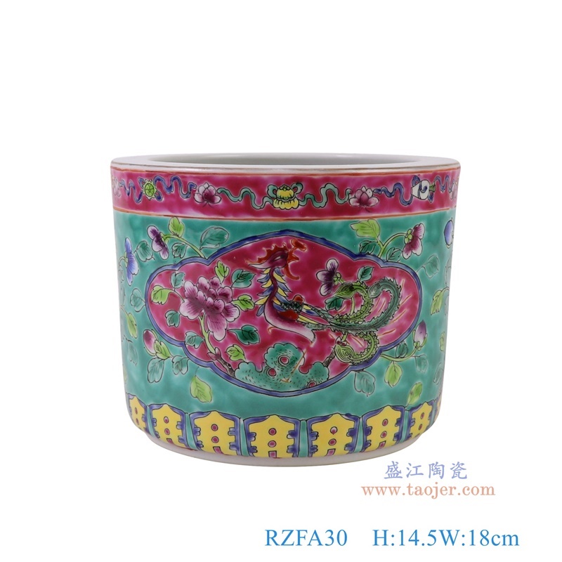 粉彩绿底凤凰花鸟笔筒笔洗小缸,产品编号:RZFA30 产品尺寸(单位cm): 高14.5直径18口径底径重量1.55KG
