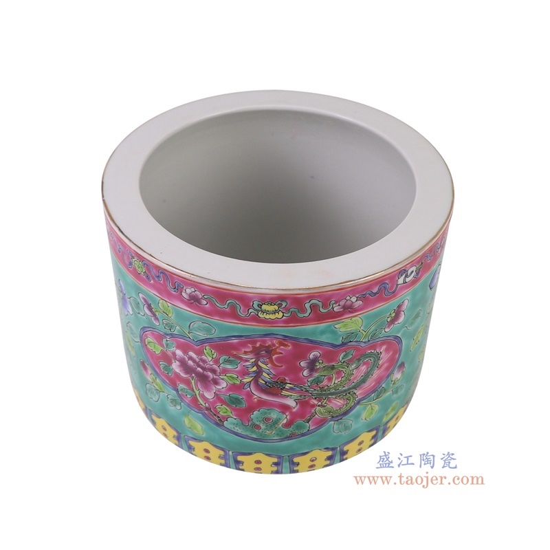 粉彩绿底凤凰花鸟笔筒笔洗小缸,产品编号:RZFA30 产品尺寸(单位cm): 高14.5直径18口径底径重量1.55KG