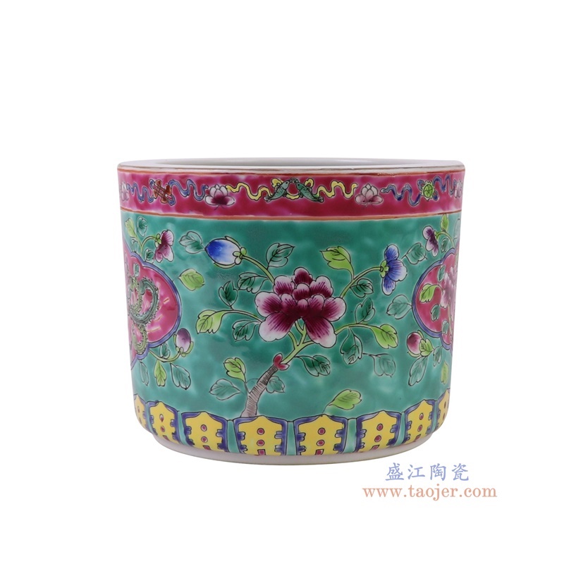 粉彩绿底凤凰花鸟笔筒笔洗小缸,产品编号:RZFA30 产品尺寸(单位cm): 高14.5直径18口径底径重量1.55KG