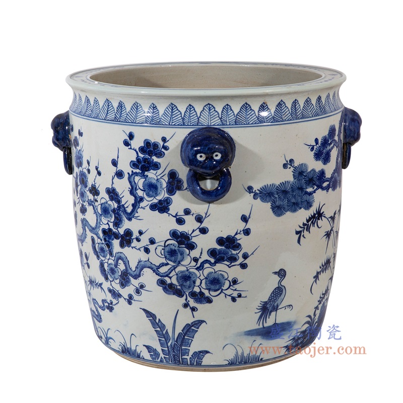 青花松竹梅狮子头耳大缸,产品编号:RZFH02-F 产品尺寸(单位cm): 高42直径45口径8.5底径30重量13.5KG
