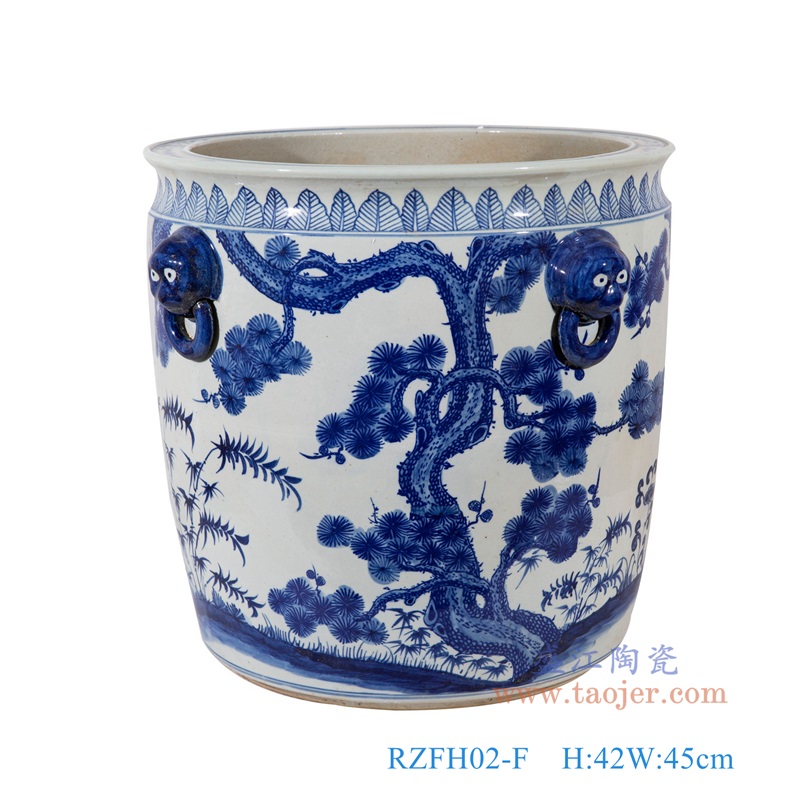 青花松竹梅狮子头耳大缸,产品编号:RZFH02-F 产品尺寸(单位cm): 高42直径45口径8.5底径30重量13.5KG