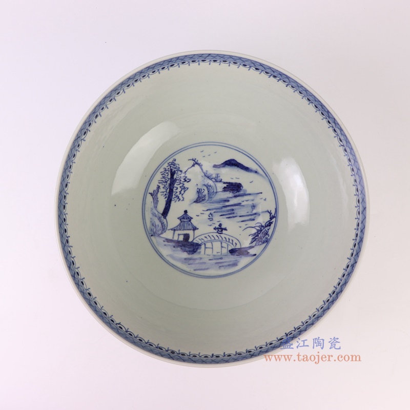 青花山水大碗,产品编号:RZFH07-D-S 产品尺寸(单位cm): 高13.3直径31口径底径16.3重量2.8KG