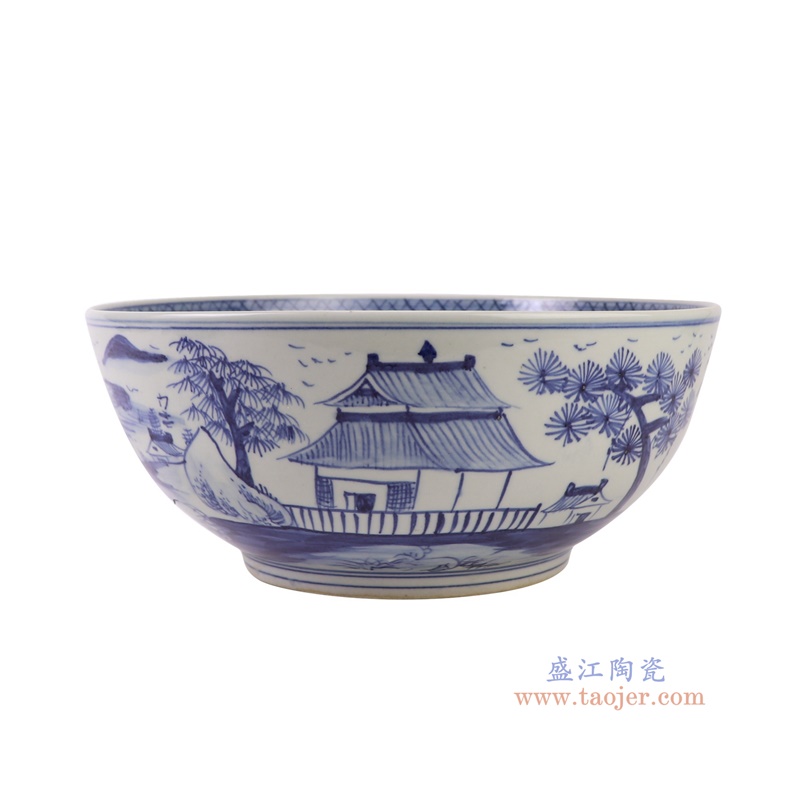 青花山水大碗,产品编号:RZFH07-D-S 产品尺寸(单位cm): 高13.3直径31口径底径16.3重量2.8KG