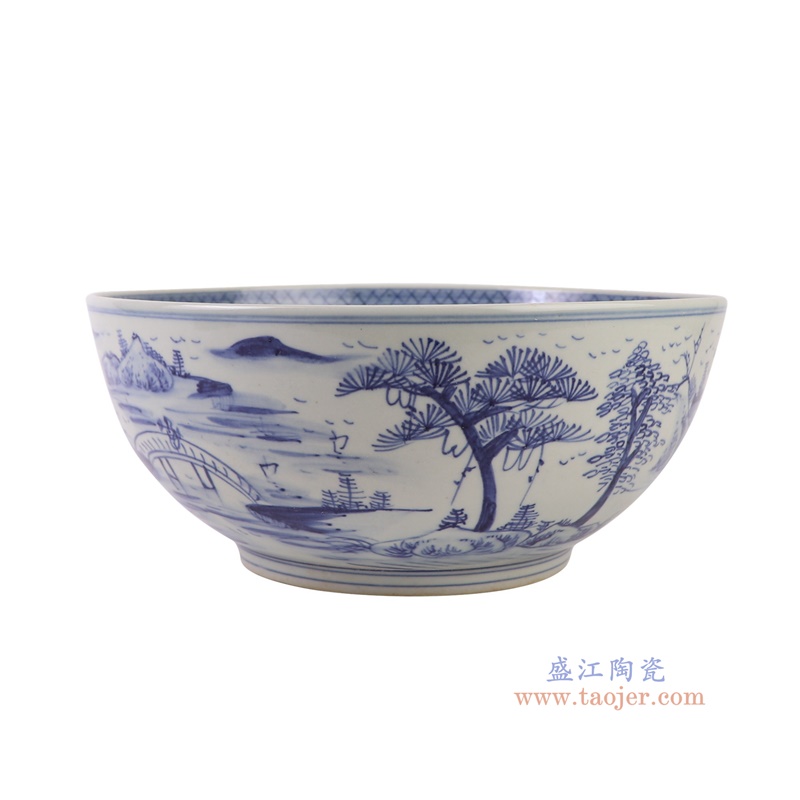 青花山水大碗,产品编号:RZFH07-D-S 产品尺寸(单位cm): 高13.3直径31口径底径16.3重量2.8KG
