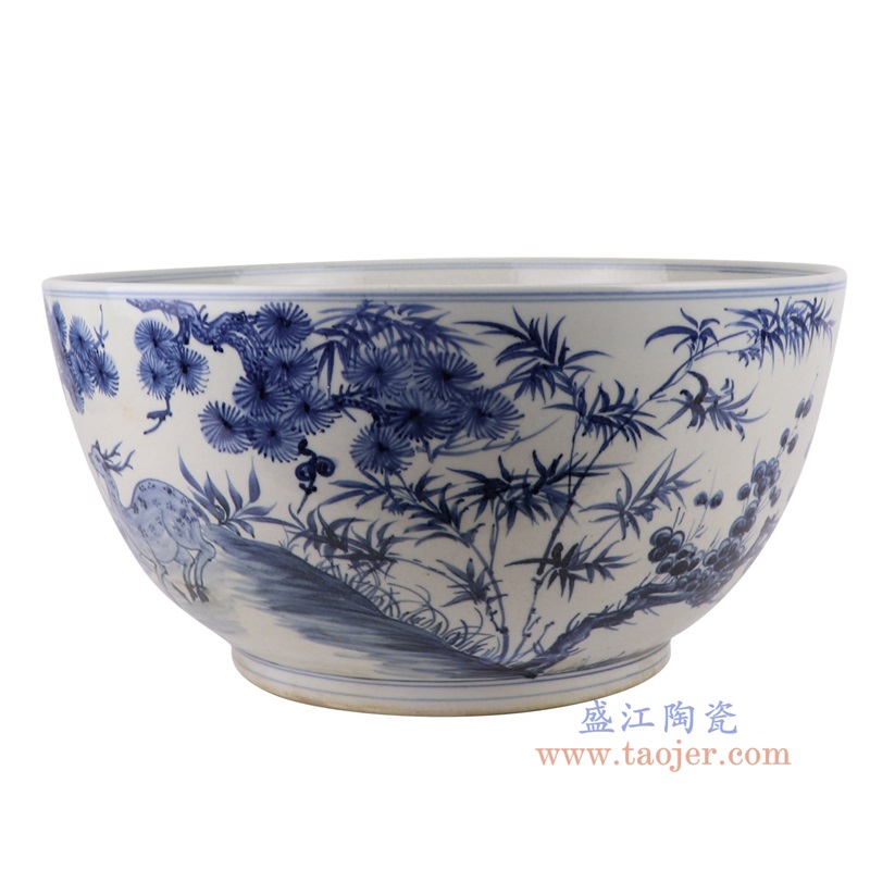 青花松竹梅花鹿大碗,产品编号:RZFH07-F 产品尺寸(单位cm): 高20直径40.5口径8.5底径23重量6.35KG