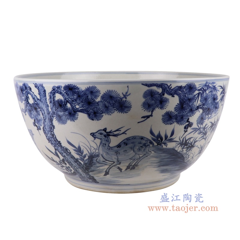 青花松竹梅花鹿大碗,产品编号:RZFH07-F 产品尺寸(单位cm): 高20直径40.5口径8.5底径23重量6.35KG