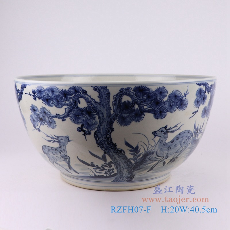 青花松竹梅花鹿大碗,产品编号:RZFH07-F 产品尺寸(单位cm): 高20直径40.5口径8.5底径23重量6.35KG