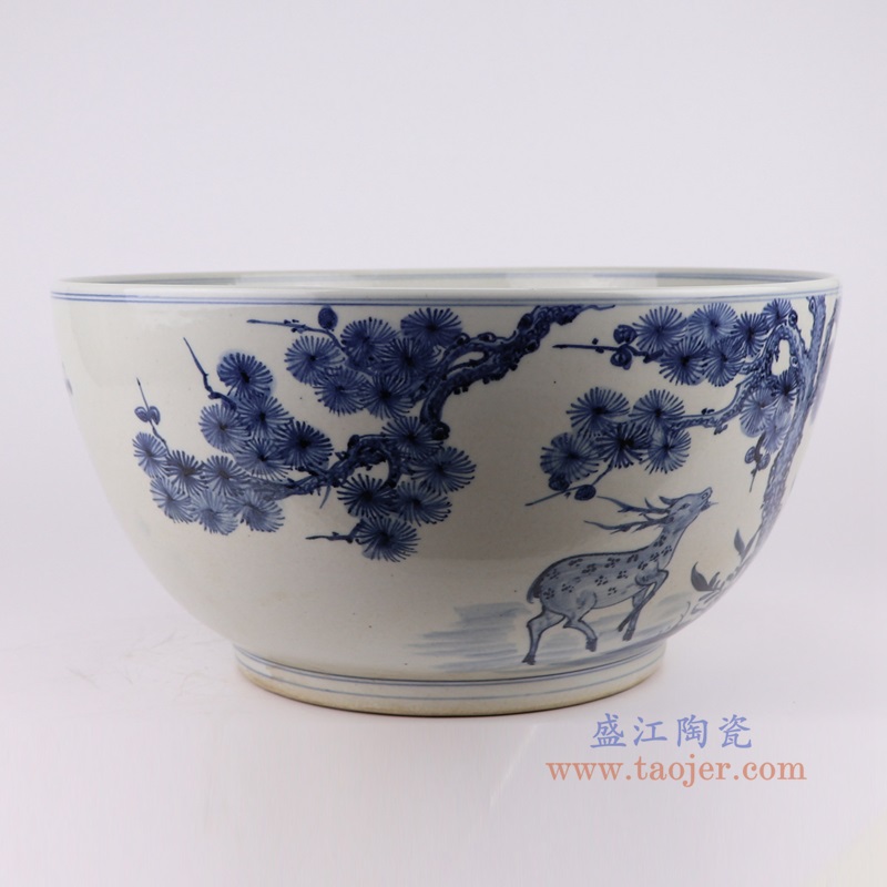 青花松竹梅花鹿大碗,产品编号:RZFH07-F 产品尺寸(单位cm): 高20直径40.5口径8.5底径23重量6.35KG