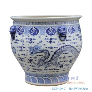 RZFH09-C   青花龙纹狮子头大缸-高53大号； 高：53直径：57口径：40.5底径：24.5重量：20KG