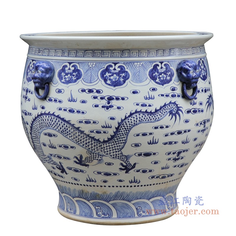 青花龙纹狮子头大缸-高53大号；产品编号：RZFH09-C       产品尺寸(单位cm):  高：53直径：57口径：40.5底径：24.5重量：20KG