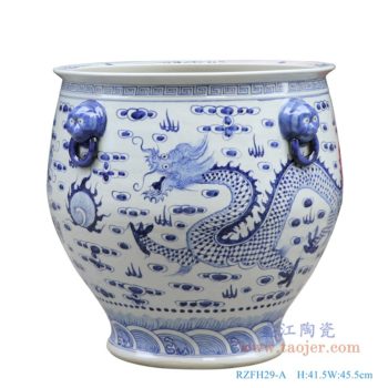 RZFH29-A   青花狮子头双龙戏剧龙纹大缸-高41中号；  高：42直径：43口径：40.3底径：25重量：13KG