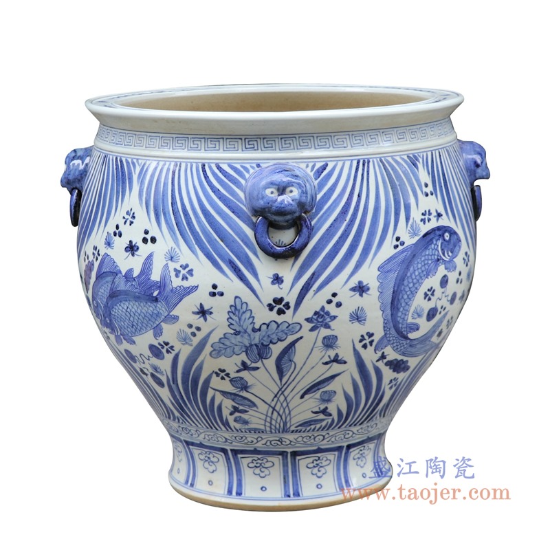 青花鱼草鱼藻纹狮子头大缸-高41中号;产品编号:RZFH29-B 产品尺寸(单位cm): 高:42直径:43口径:底径:重量:KG