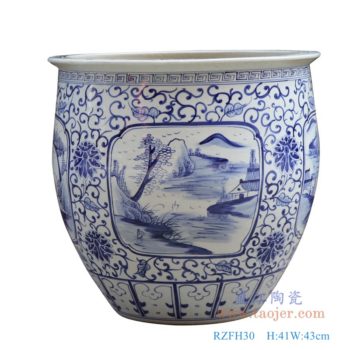 RZFH30    青花开窗开光山水大缸-高41中号；  高：41直径：43口径：43底径：23重量：14.8KG
